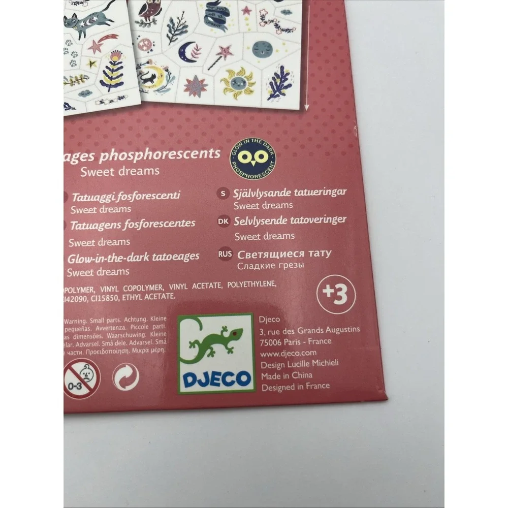 Djeco Glow In The Dark Temporary Tattoos Kids Animals Sun Moon Stars NEW